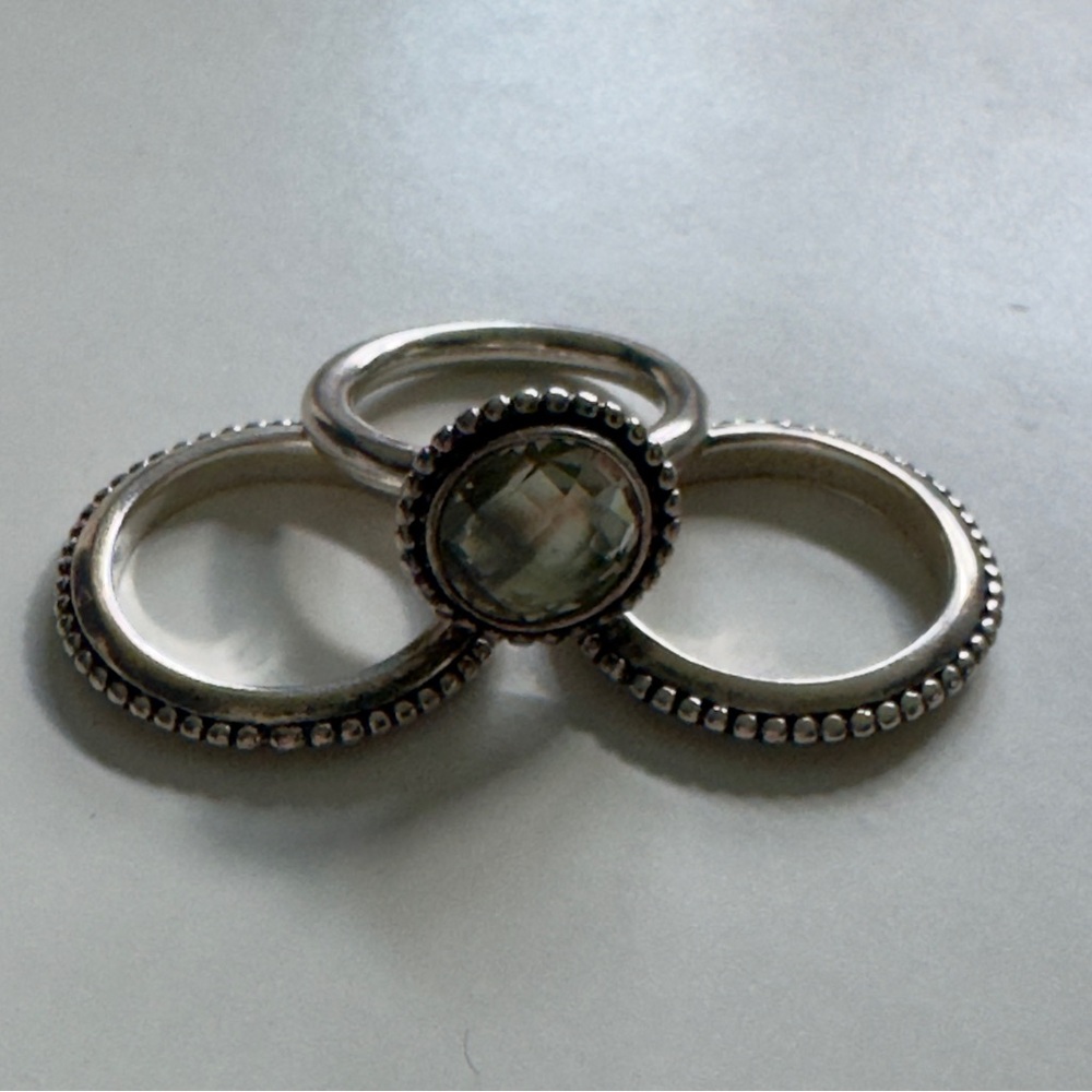 Pandora Sterling Silver stackable ring set w green Amethyst Gemstone